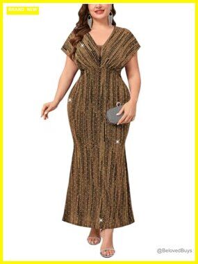 Plus Size Sparkly Formal Mermaid Maxi Dress V Neck Evening Gown